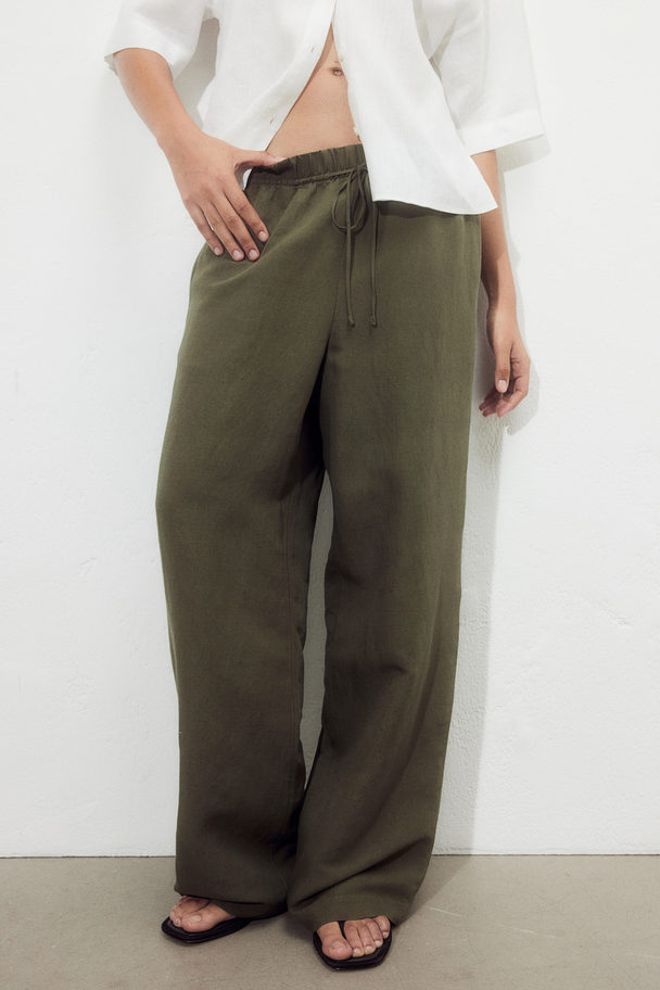 H&M Linen-blend Pull-on Trousers Dark Khaki Green