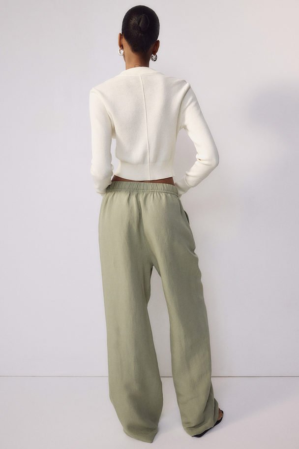 H&M Linen-blend Pull-on Trousers Light Khaki Green