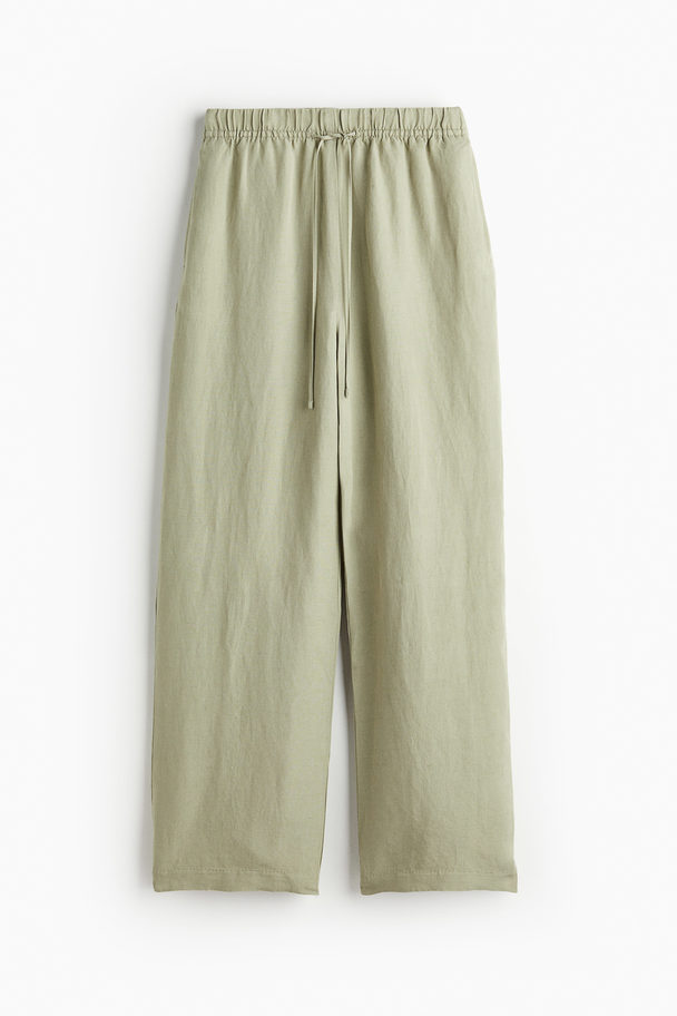 H&M Linen-blend Pull-on Trousers Light Khaki Green