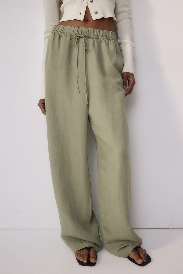 H&M Linen-blend Pull-on Trousers Light Khaki Green