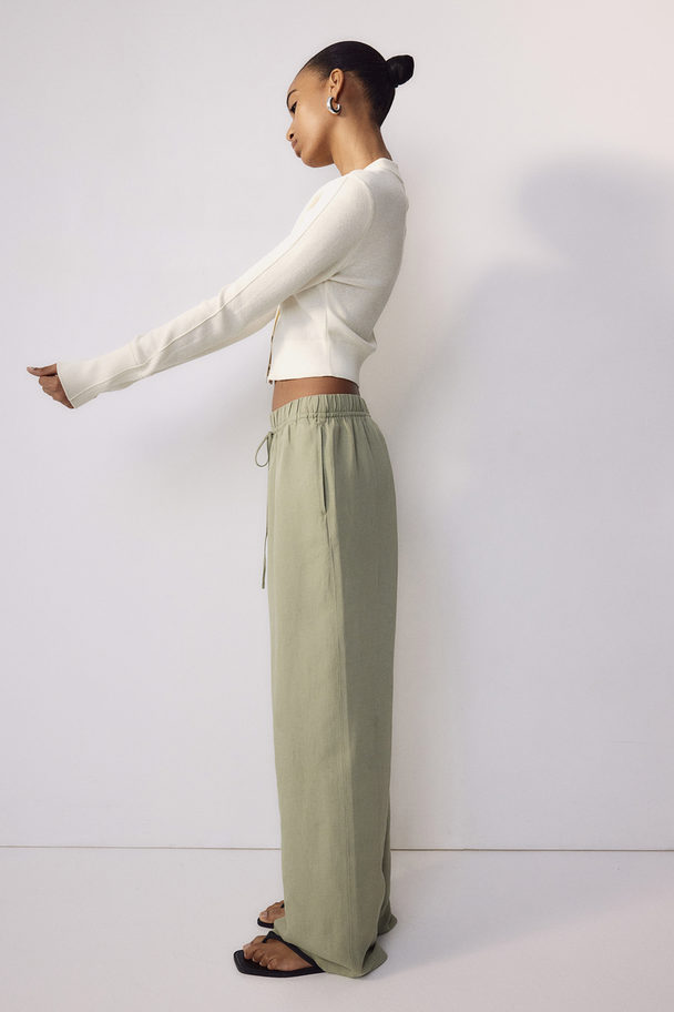 H&M Linen-blend Pull-on Trousers Light Khaki Green