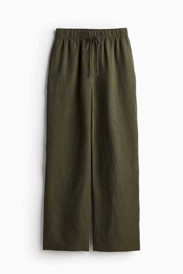 H&M Linen-blend Pull-on Trousers Dark Khaki Green