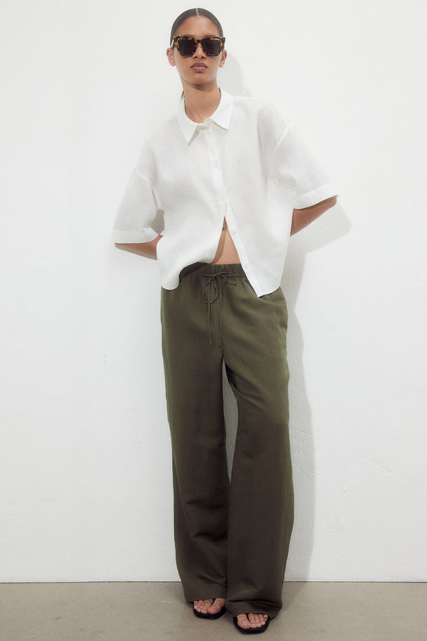 H&M Linen-blend Pull-on Trousers Dark Khaki Green