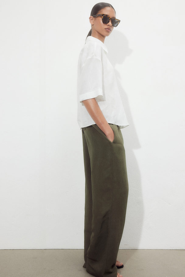 H&M Linen-blend Pull-on Trousers Dark Khaki Green