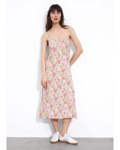 Midi-jurk Met V-hals En Smalle Bandjes Wit/roze Bloemenprint