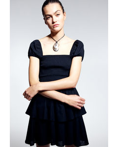 Tiered-skirt Smocked Dress Black