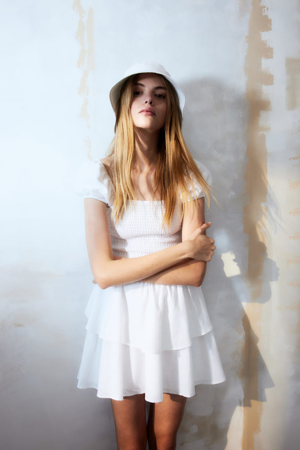 H&M Tiered-skirt Smocked Dress White