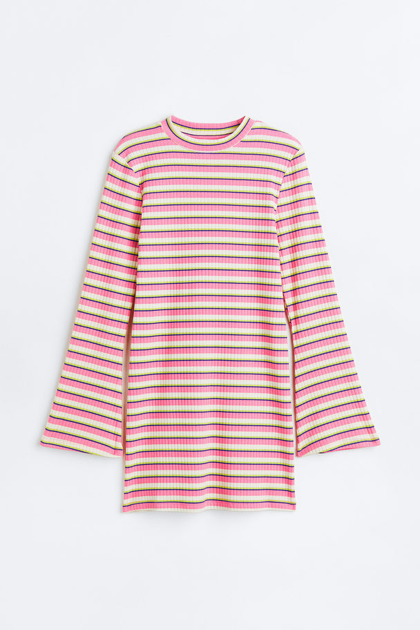 H&M Trumpet-sleeved Jersey Dress Pink/striped