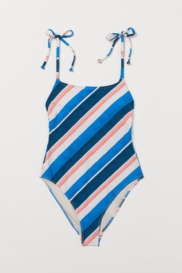 H&M High Leg Swimsuit Light Beige/blue Striped