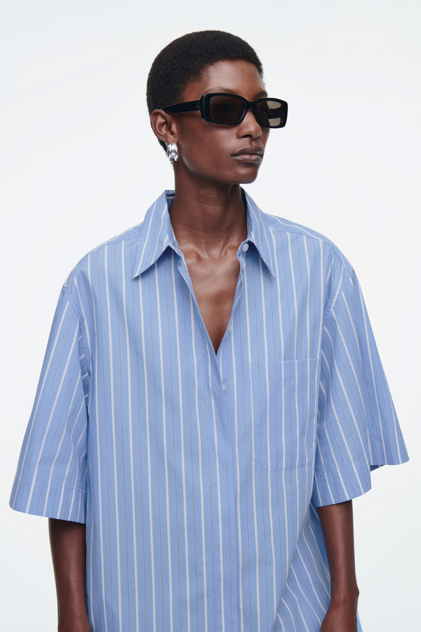 COS Oversized Poplin Mini Shirt Dress Blue / Striped