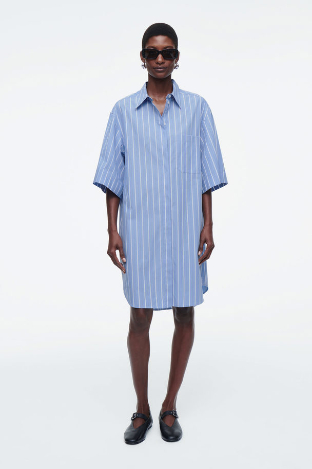 COS Oversized Poplin Mini Shirt Dress Blue / Striped