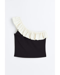 H&M+ One-Shoulder-Shirt mit Volant Schwarz/Weiß