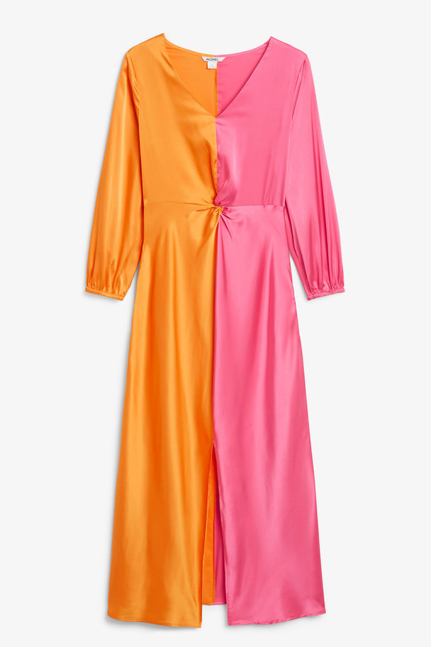 Monki Rosa & Orange Vadlång Satinklänning Med Slits Orange Och Rosa