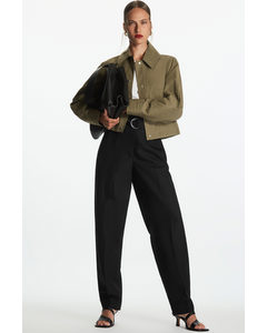 Belted High-waisted Linen-blend Trousers Black