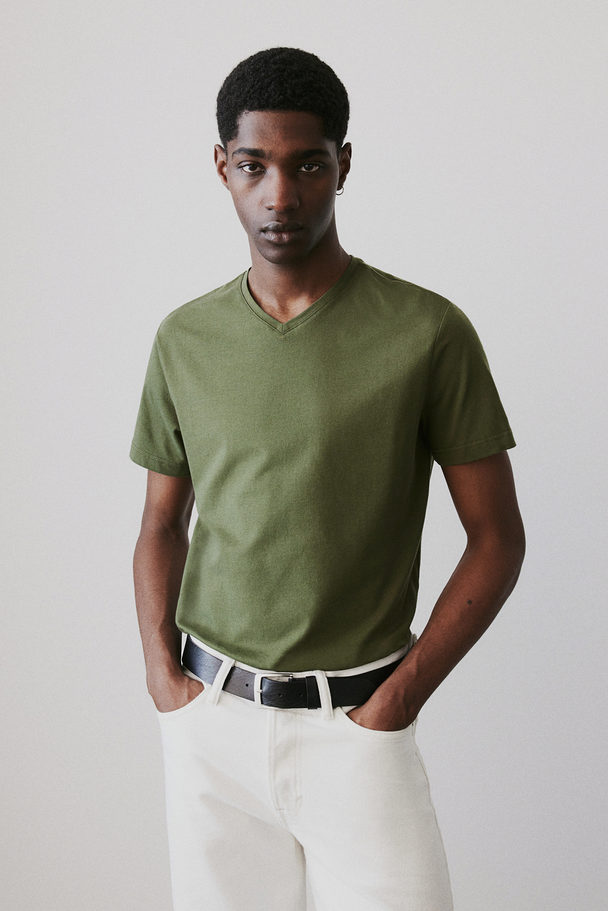 H&M Slim Fit V-neck T-shirt Dark Khaki Green