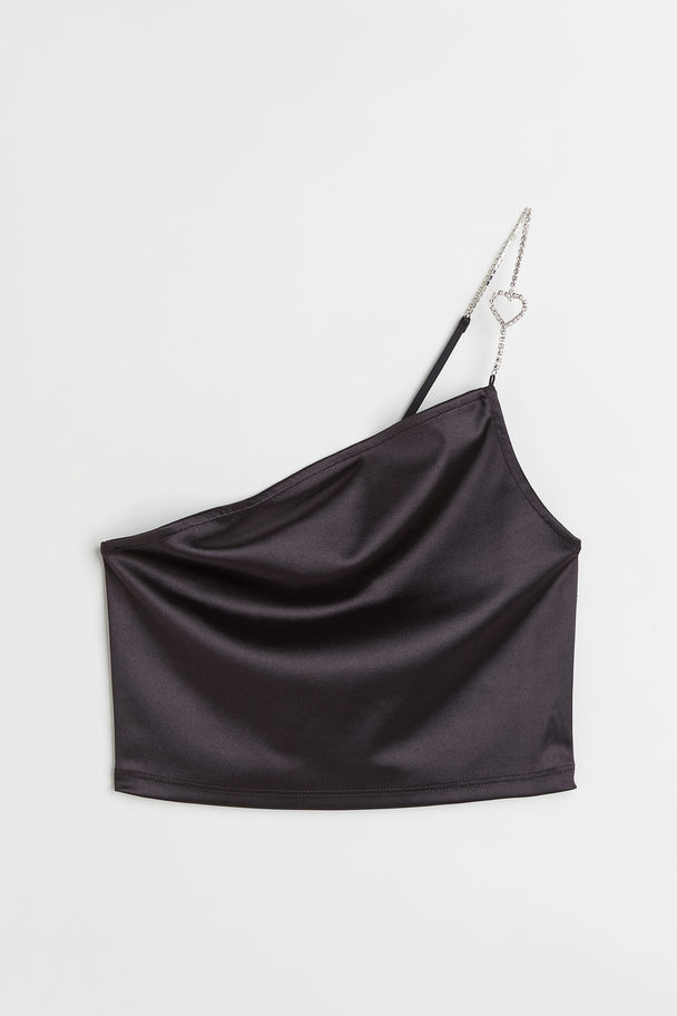 H&M Rhinestone-strap One-shoulder Top Black