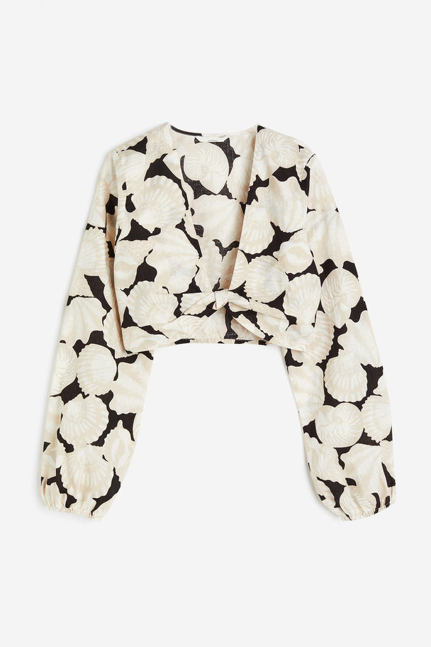 H&M Cropped Linen-blend Blouse Light Beige/seashells