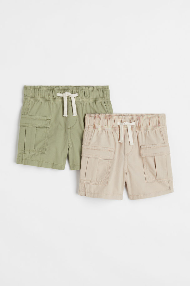 H&M 2-pack Cotton Cargo Shorts Beige/khaki Green