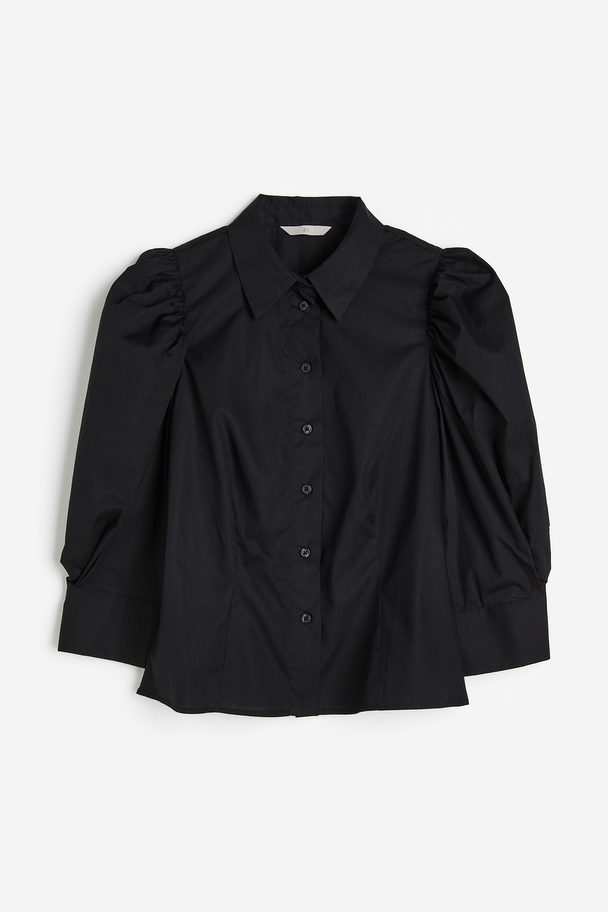 H&M Popeline Blouse Met Pofmouwen Zwart