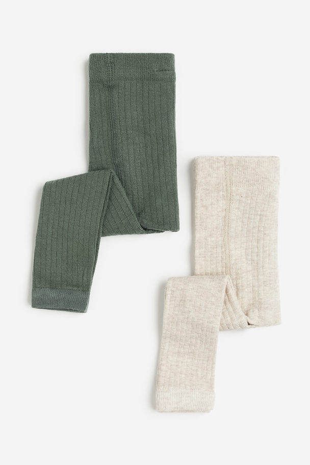 H&M 2-pack Ribbed Footless Tights Dark Green/light Beige
