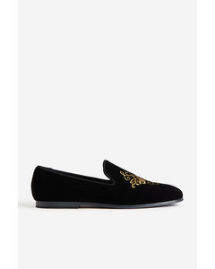 Embroidered Velour Loafers Black