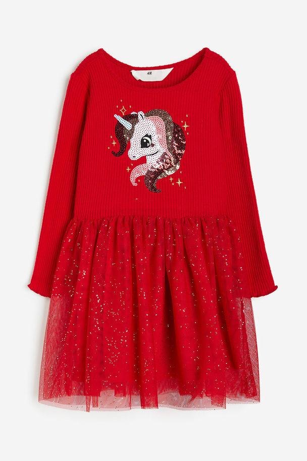 H&M Sequin-motif Tulle-skirt Dress Red/unicorn