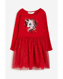 Sequin-motif Tulle-skirt Dress Red/unicorn