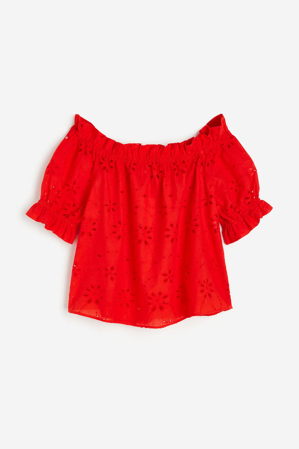 H&M Off-Shoulder-Bluse mit Broderie Anglaise Rot