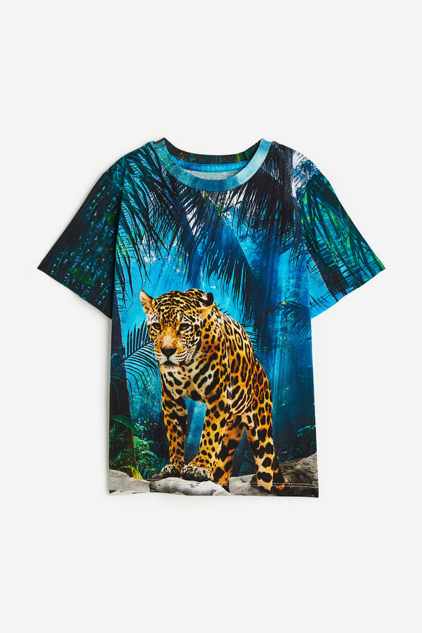 H&M Tricot T-shirt Met Print Blauw/luipaard