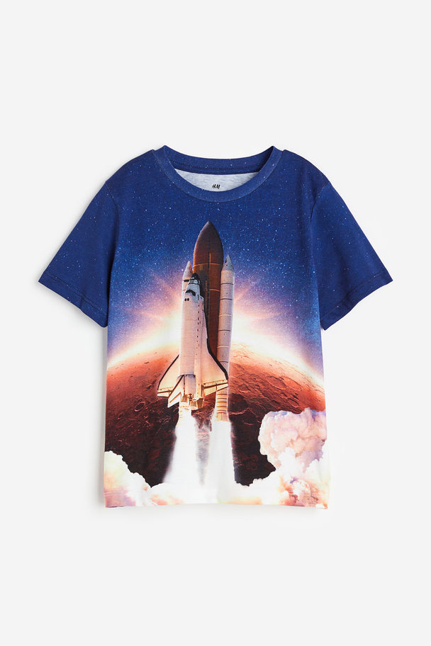 H&M Tricot T-shirt Met Print Donkerblauw/ruimtevaartuig
