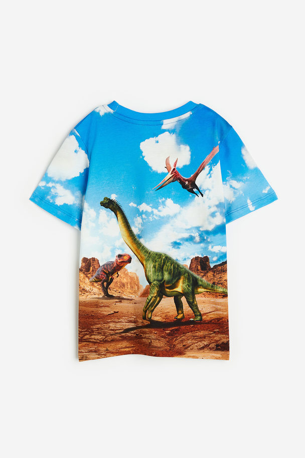 H&M Tricot T-shirt Met Print Blauw/dinosaurus