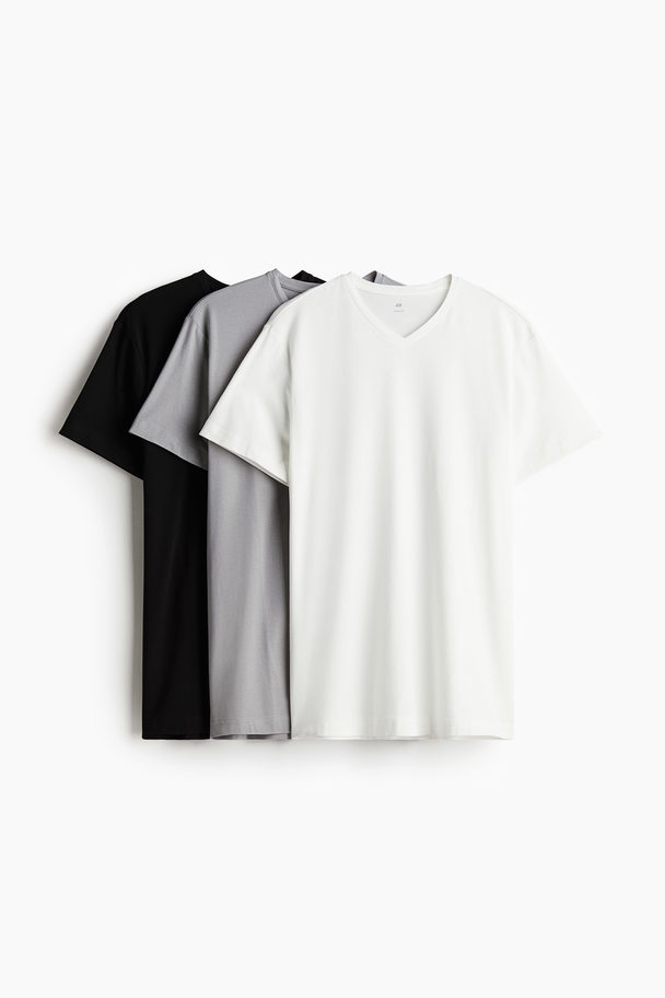 H&M 3er-Pack T-Shirts mit V-Ausschnitt Slim Fit Schwarz/Grau/Weiß