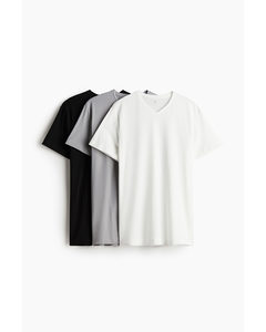 3er-Pack T-Shirts mit V-Ausschnitt Slim Fit Schwarz/Grau/Weiß