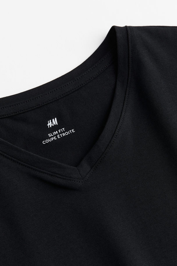 H&M Set Van 3 T-shirts Met V-hals - Slim Fit Zwart