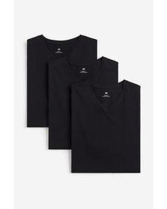 3er-Pack T-Shirts mit V-Ausschnitt Slim Fit Schwarz