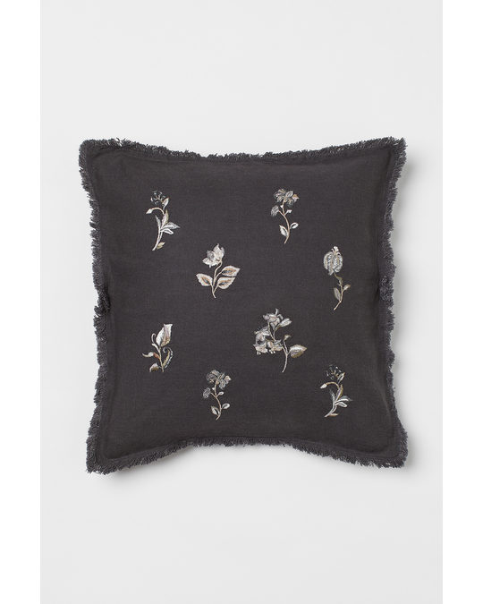 H&M HOME Linen-blend Cushion Cover Dark Grey/floral