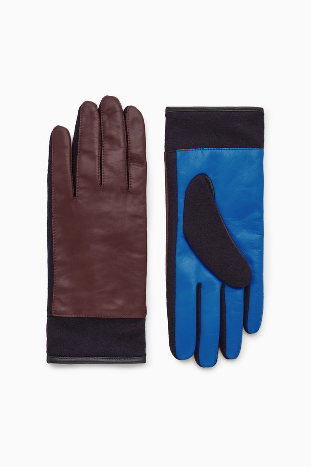 COS Colour-block Leather Gloves Burgundy / Bright Blue