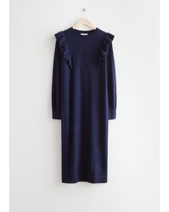 Pointelle Knit Midi Dress Dark Blue