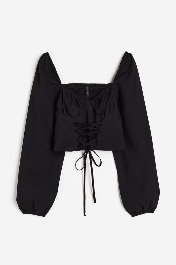 H&M Popeline Blouse Met Rijgsluiting Zwart