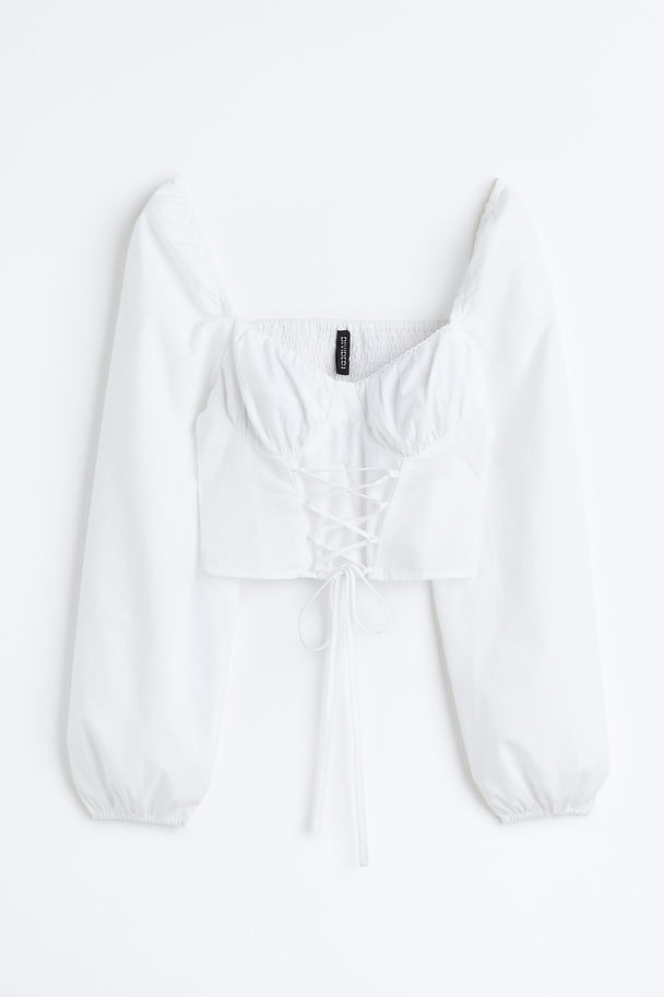 H&M Bluse I Poplin Med Snøring Hvid
