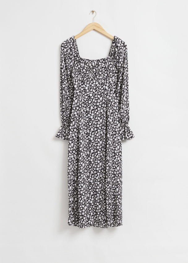 & Other Stories Relaxed Double-puff Sleeve Dress Black/white Floral Print