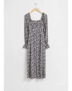 Relaxed Double-puff Sleeve Dress Black/white Floral Print