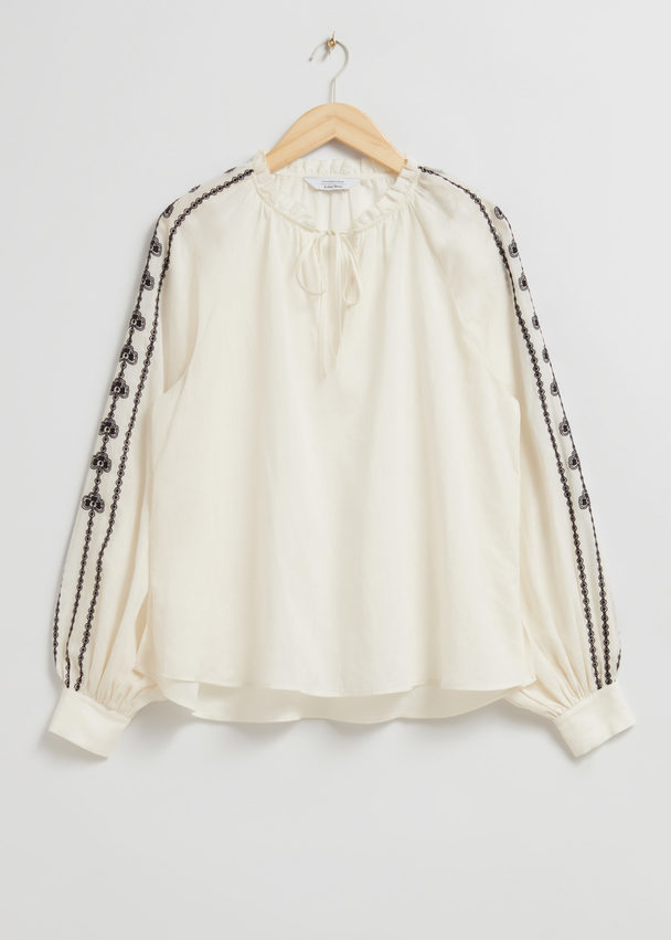& Other Stories Embroidered Blouse Ivory/black Embroidered