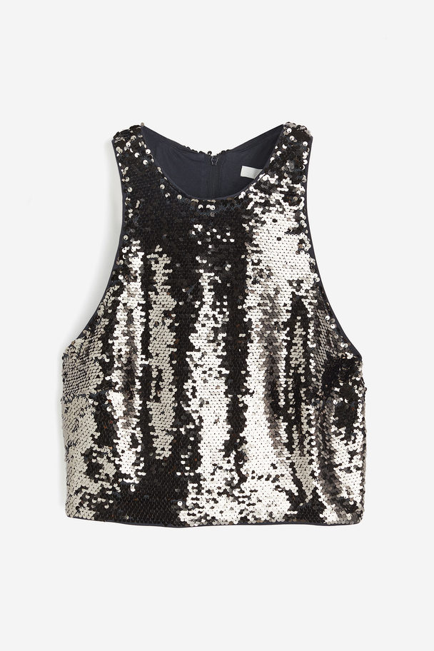 H&M Sequined Cropped Top Dark Grey
