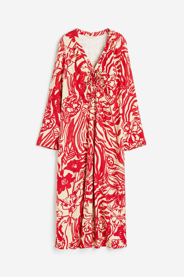 H&M Patterned Tie-detail Dress Light Beige/red Floral