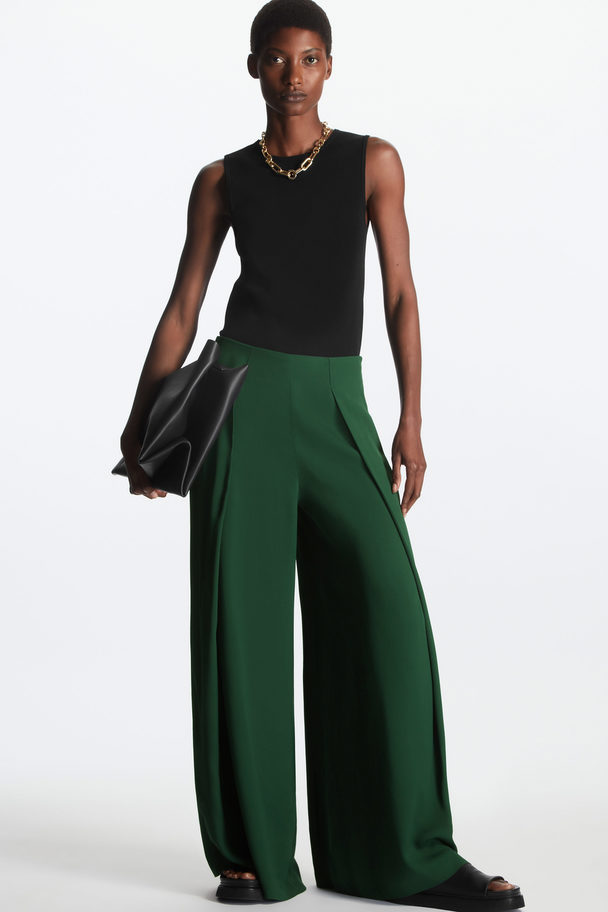 COS High-waisted Wide-leg Crepe Trousers Dark Green