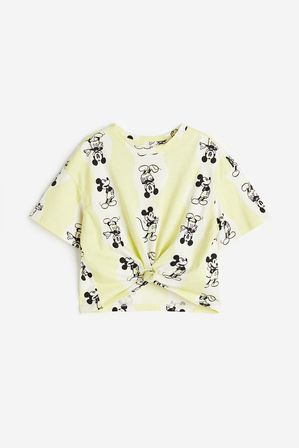 H&M Tie-hem T-shirt Light Yellow/mickey Mouse