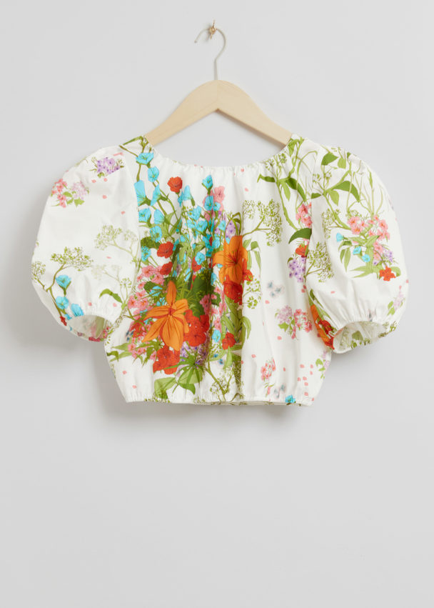 & Other Stories Cropped Puff Sleeve Tie-back Top White Floral Print