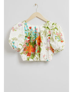 Cropped Puff Sleeve Tie-back Top White Floral Print