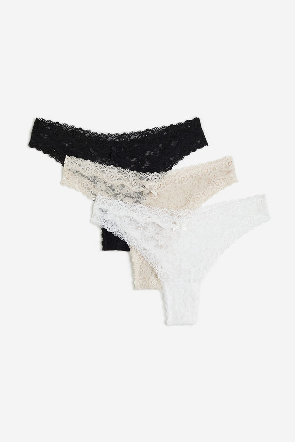 H&M 3-pack Lace Brazilian Briefs White/light Beige/black